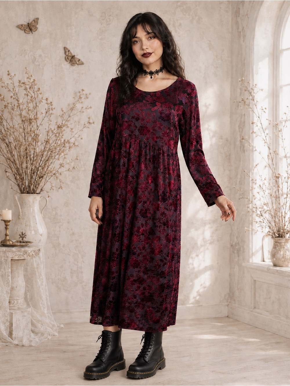 Vintage Cervelle Burgundy Burnout Velvet Floral Maxi Dress